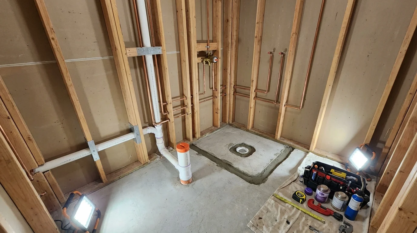 Bathroom rough-in plumbing during remodel by Johns Plumbing LLC in Almont