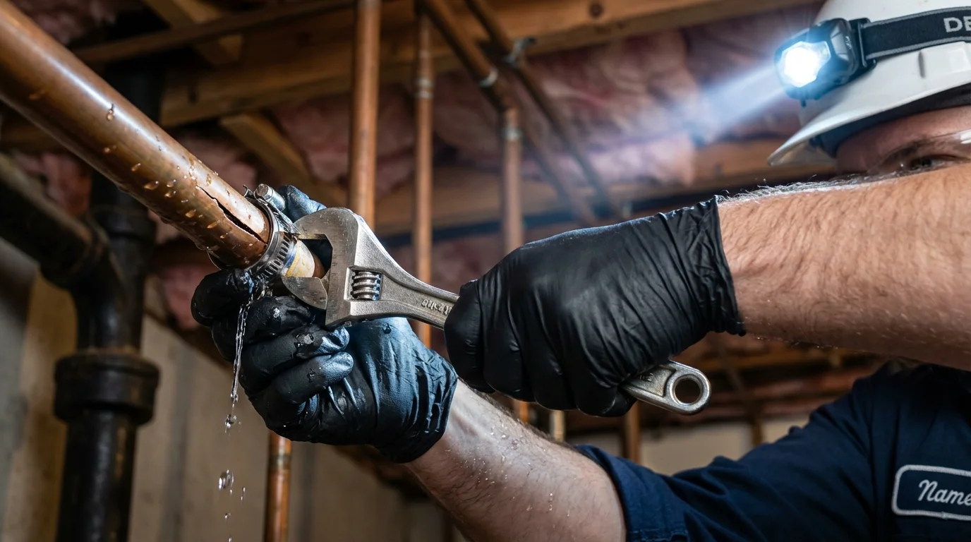 Emergency pipe clamp repair being performed by a Johns Plumbing LLC plumber in Almont
