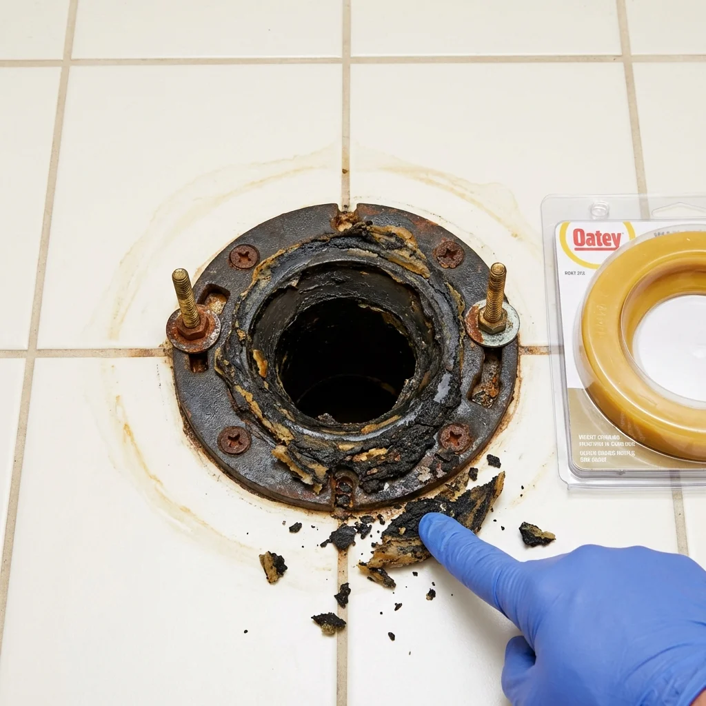 Failed wax ring showing water seepage at the base of a toilet in a Almont, MI home