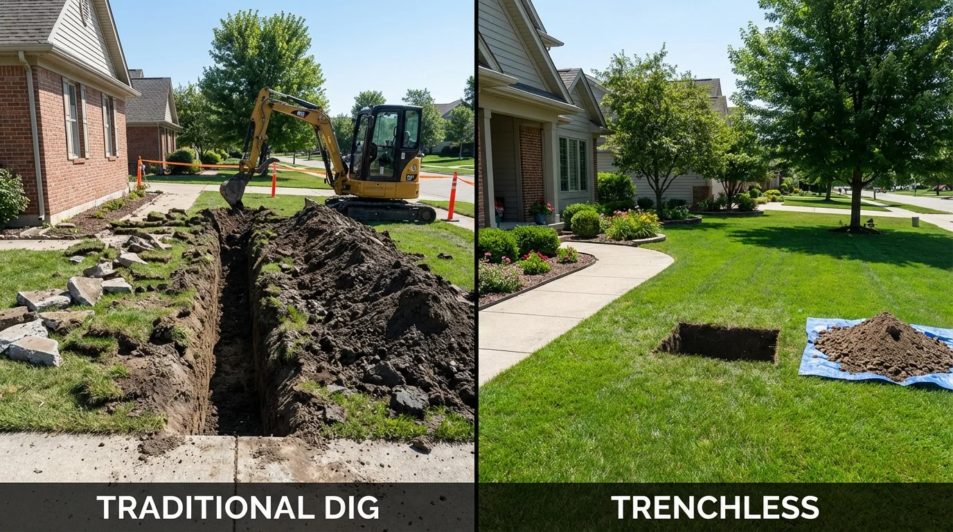 Trenchless sewer repair with minimal yard damage versus traditional excavation in Almont, MI