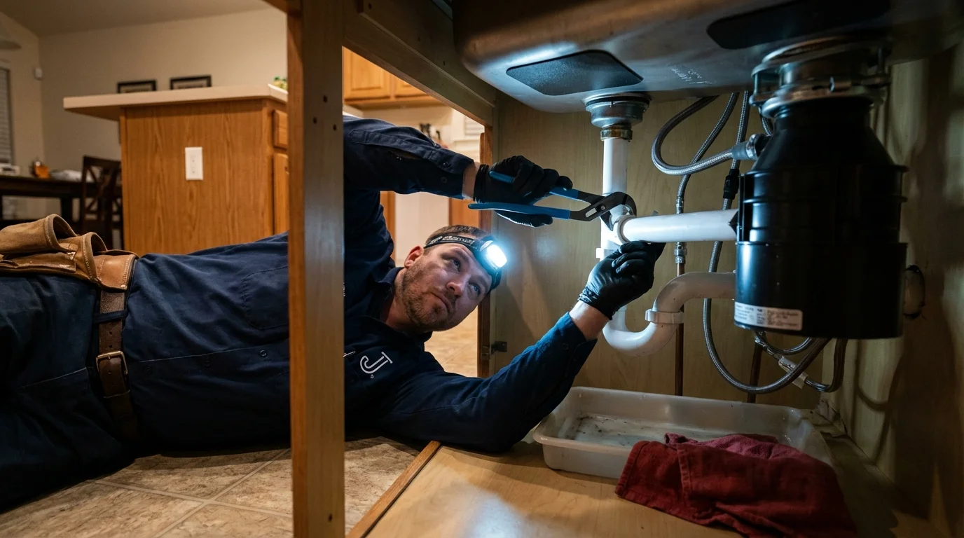 P-trap and supply line connections under a kitchen sink showing a common leak point in Almont, MI